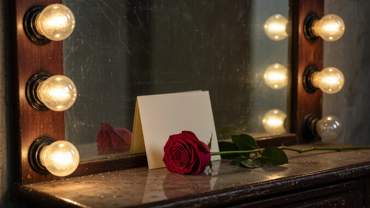 A dressing-room mirror ringed with warm bulbs holds a single stemmed rose and a handwritten place card.