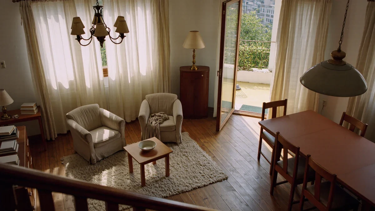 A floated armchair and side table in a linen-flooded living room, someone crossing unhurried between sofa and window while the layout leaves a clear path.
