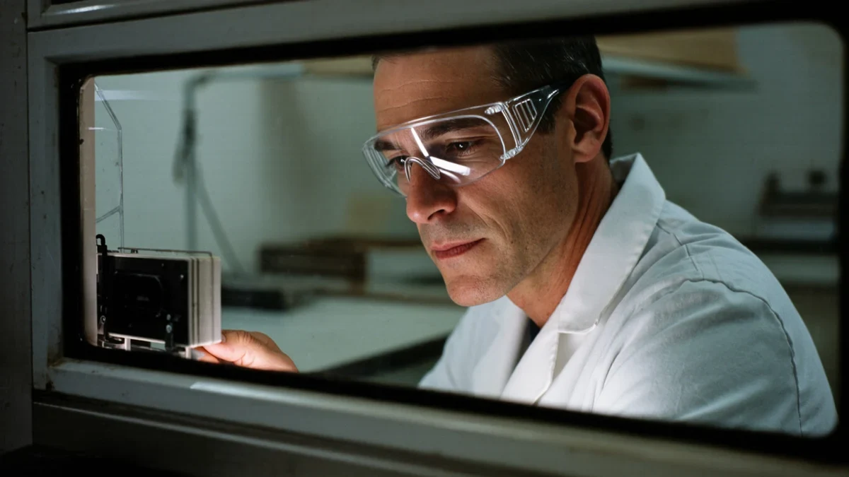 A scientist arrays diagnostic cassettes beside an analyzer under glass and steel in a cool white clinical laboratory.