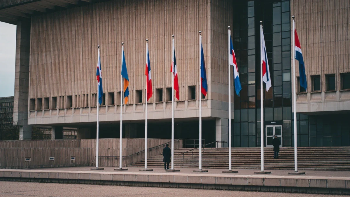 A row of national flags outside a slate-gray alliance headquarters under low directional daylight.