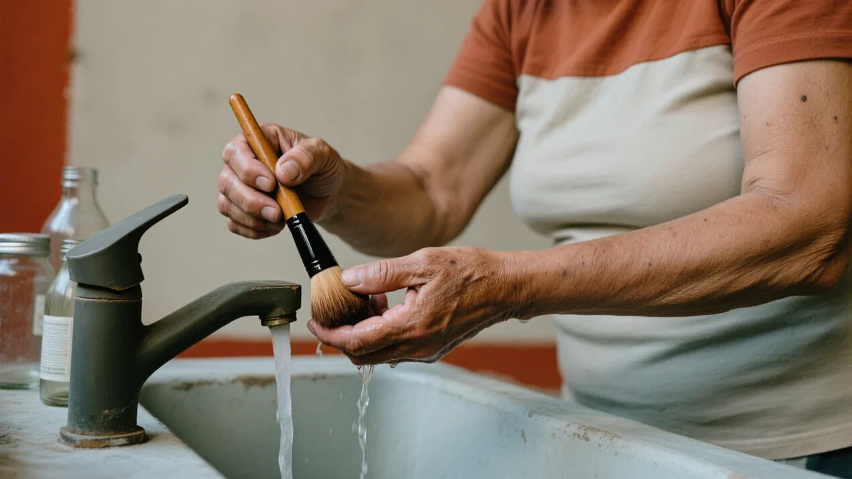 A makeup artist in her fifties rinses a fan brush under running water at a studio sink, camel-colored bristles splayed, late afternoon light on weathered hands.