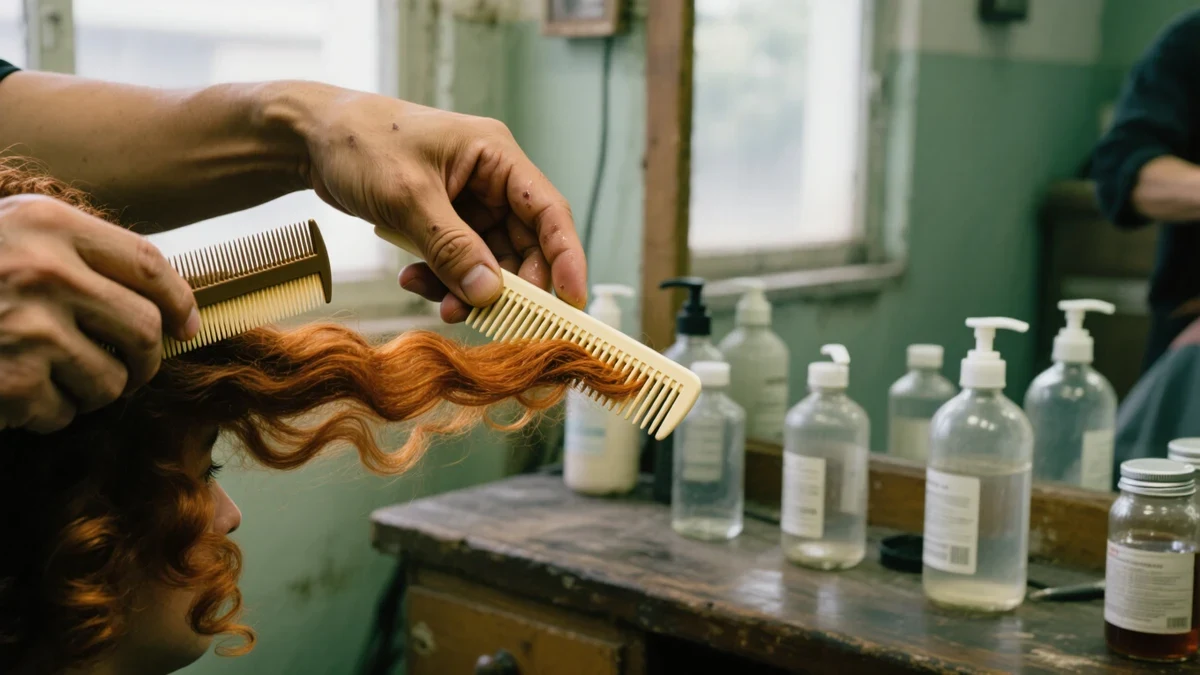 A colorist in his thirties sections a client's copper-dyed curls near a window, combing oil through the ends with a gloved hand.