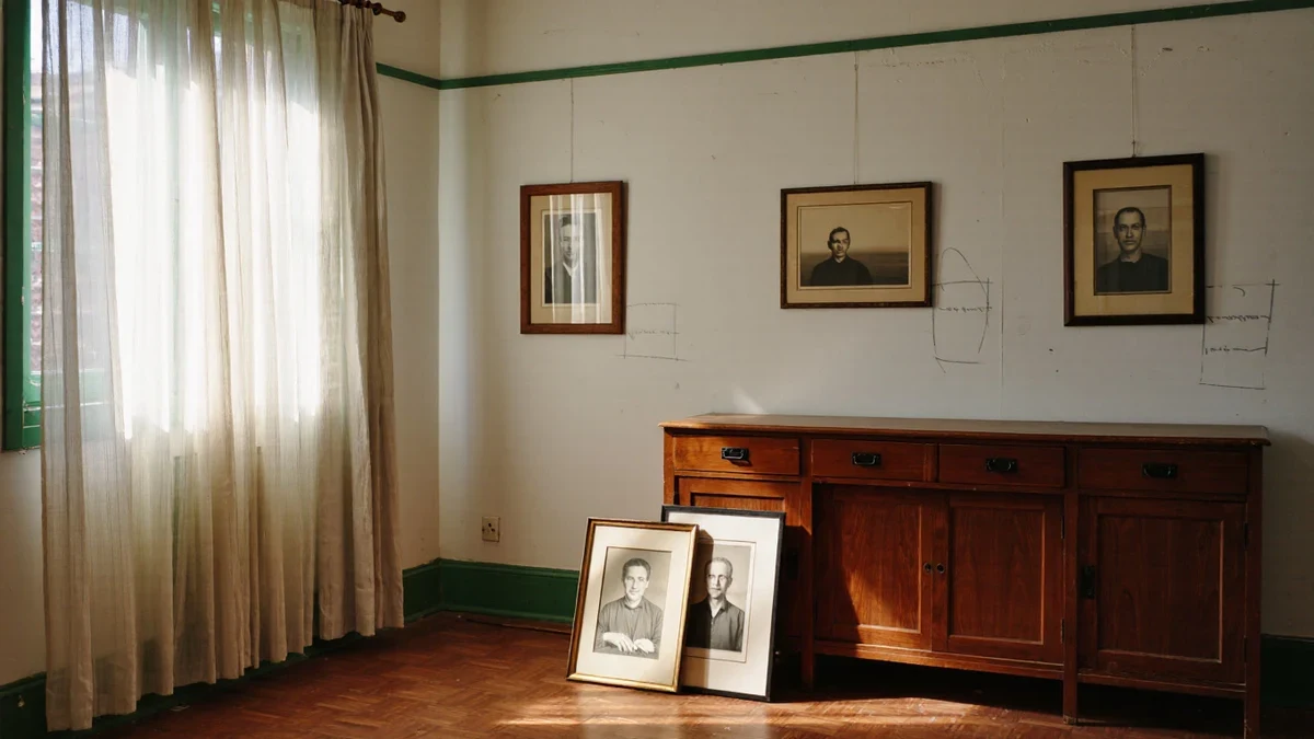 A plaster wall in slanting morning light with frames laid across the floor below it, one person kneeling with a tape measure and paper templates, coffee set on a stool.
