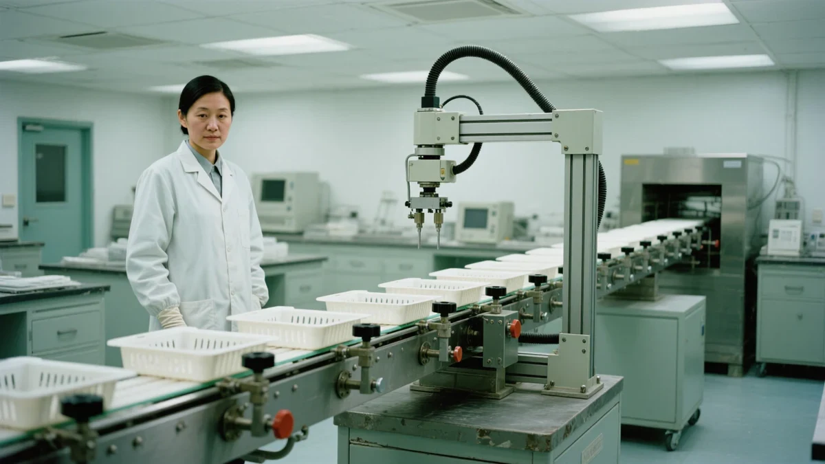 A laboratory technologist monitoring sample racks moving along an automation track past brushed-steel analyzers in cool teal light.