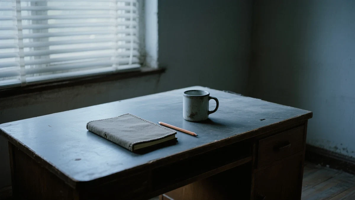 A writer refines a long prompt in a dark editor window, fingertips on keys beneath a warm lamp on a graphite desk.