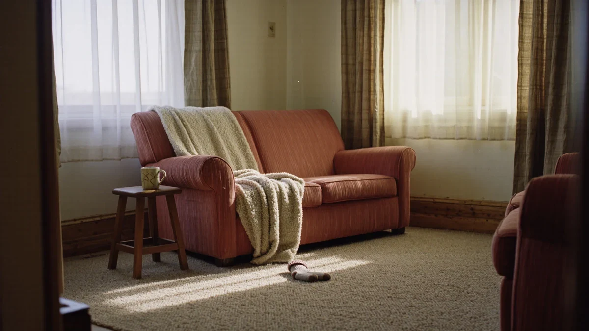 A quiet reading corner in oiled walnut and cream bouclé, a leather armchair catching low light through linen sheers, a woman blotting a spill with a soft cloth before it sets.