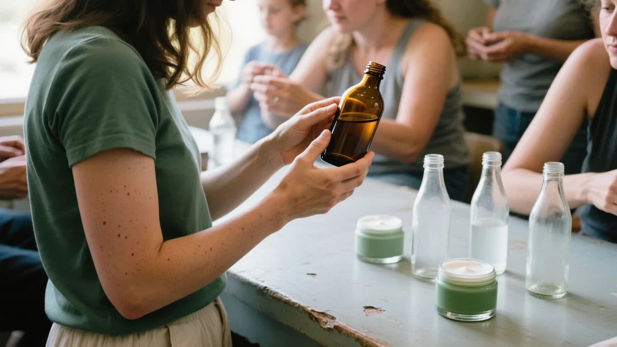 A woman in her twenties by a window holding an unbranded amber bottle up to the daylight, reading the back label.