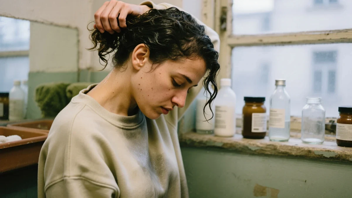 A woman in her thirties sectioning damp curls by a bright window, working leave-in conditioner through her ends with her fingers.