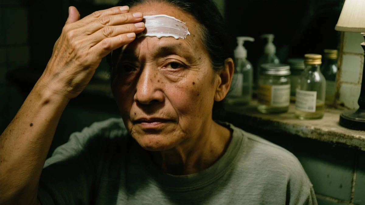 A woman in her fifties smooths night cream across her forehead in a softly lit bathroom, crow's feet and freckles untouched by filters.