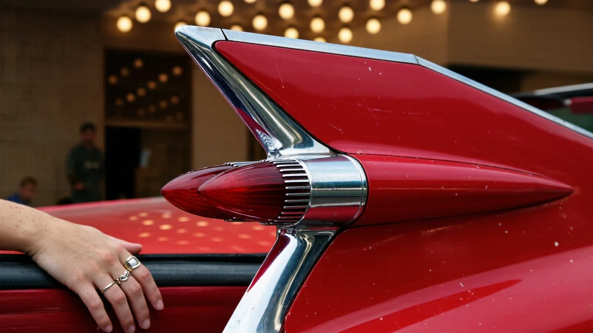 A classic red convertible glides up to a velvet-roped premiere line at dusk, flash bulbs flaring against the golden marquee glow.