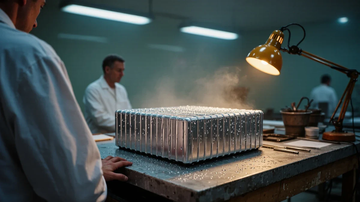 A scientist examining fluorescent assay plates at a laminar-flow bench, glass and steel surfaces lit in cool white and teal.