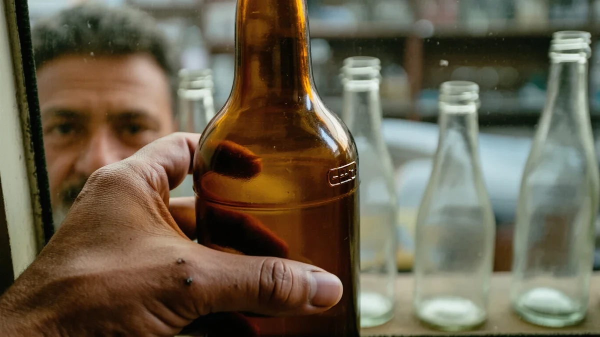 A shopper in her thirties turns an amber glass bottle toward the window light, studying a small certification mark printed on the cream label.