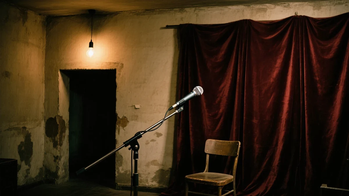 A vintage broadcasting studio bathed in warm lamplight, a ribbon microphone glowing before an empty chair, velvet drapes and marquee glow framing the silence before recording begins.