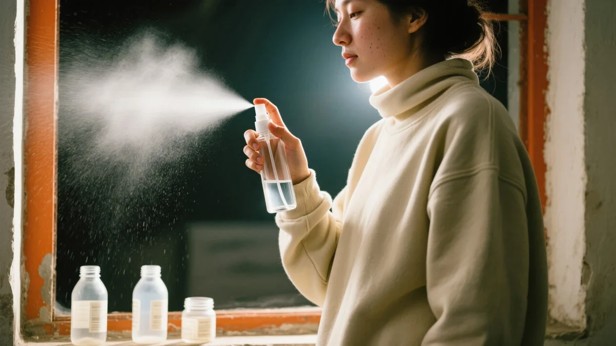 A makeup artist in her twenties mists a setting spray over a model's cheek near a studio window, textured skin glowing under soft daylight.