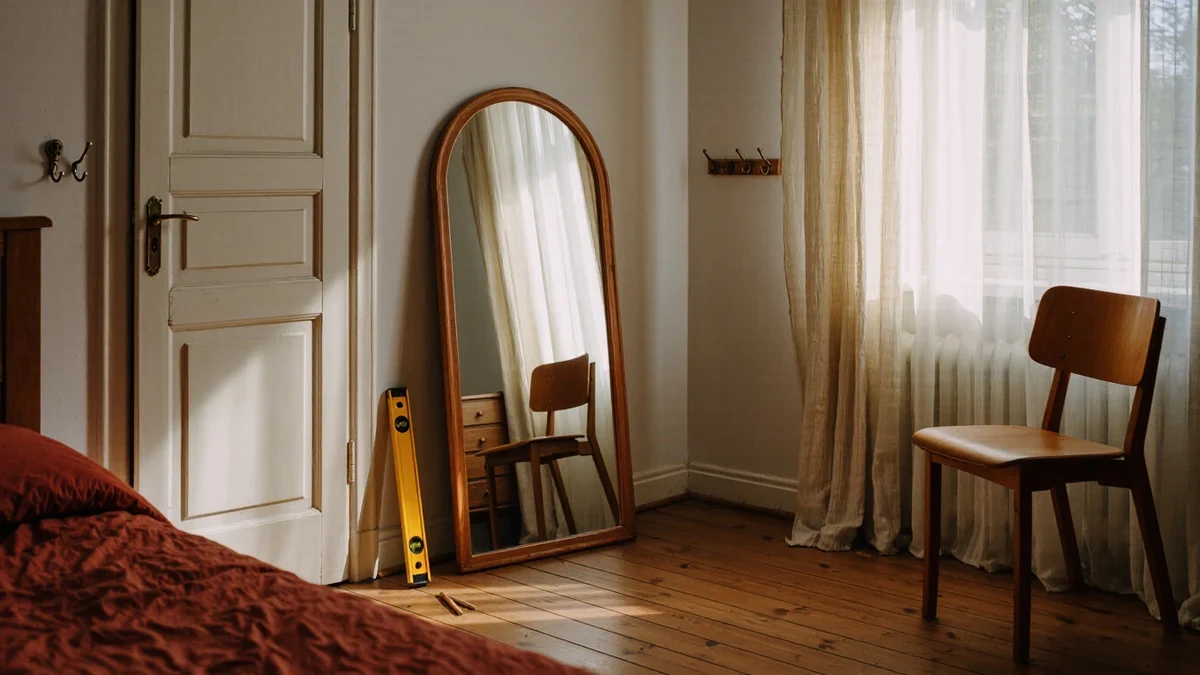 A woman steadies a large brass-framed mirror against a plaster wall as afternoon light from sheer curtains doubles itself in the new glass above a walnut console.