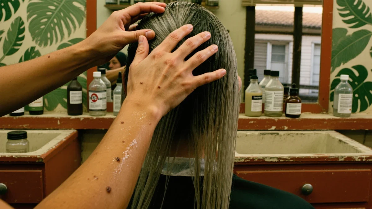 A colorist in her thirties works a bond treatment through a client's bleached lengths in warm salon light near the window.