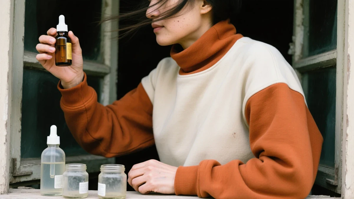 A woman in her thirties smooths a morning serum across her cheek by an open window, amber dropper and cream tones in soft daylight.