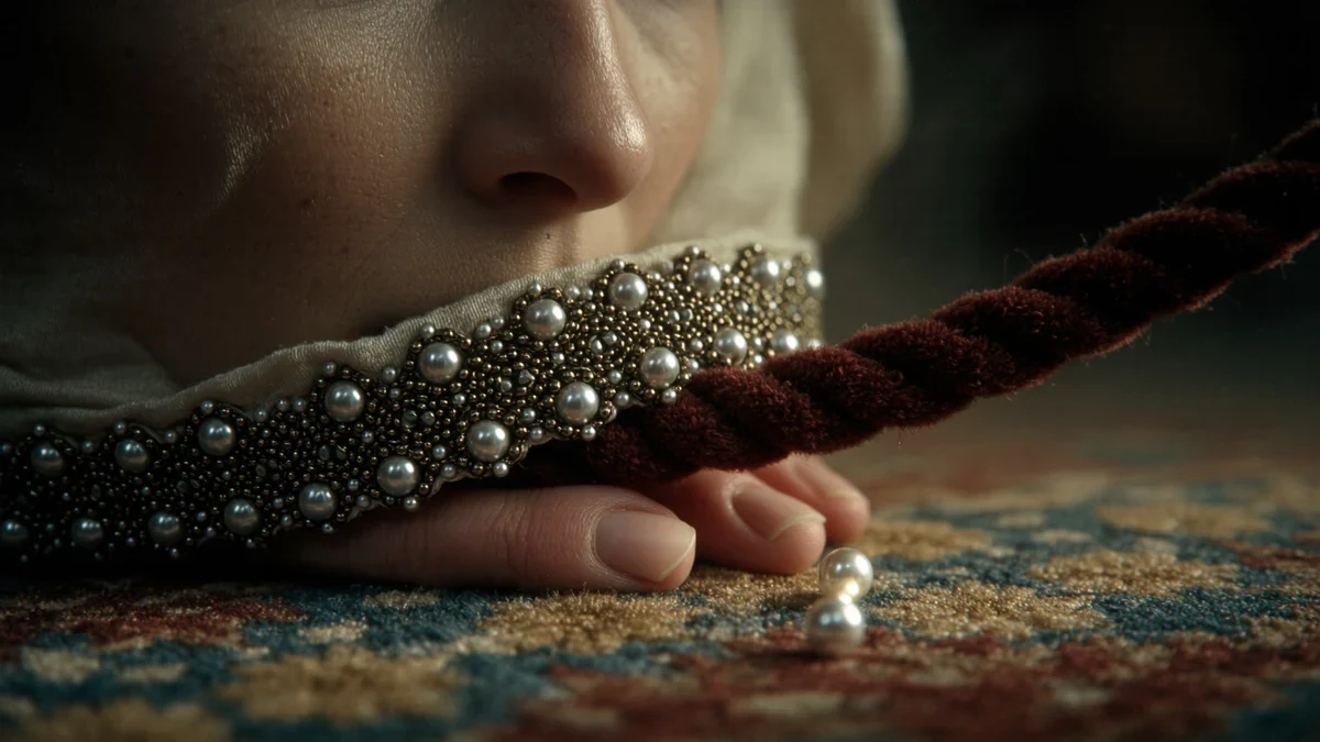 A gown's beaded hem and a velvet rope blur together in warm flashbulb light, a piece of fashion history arriving at a premiere.