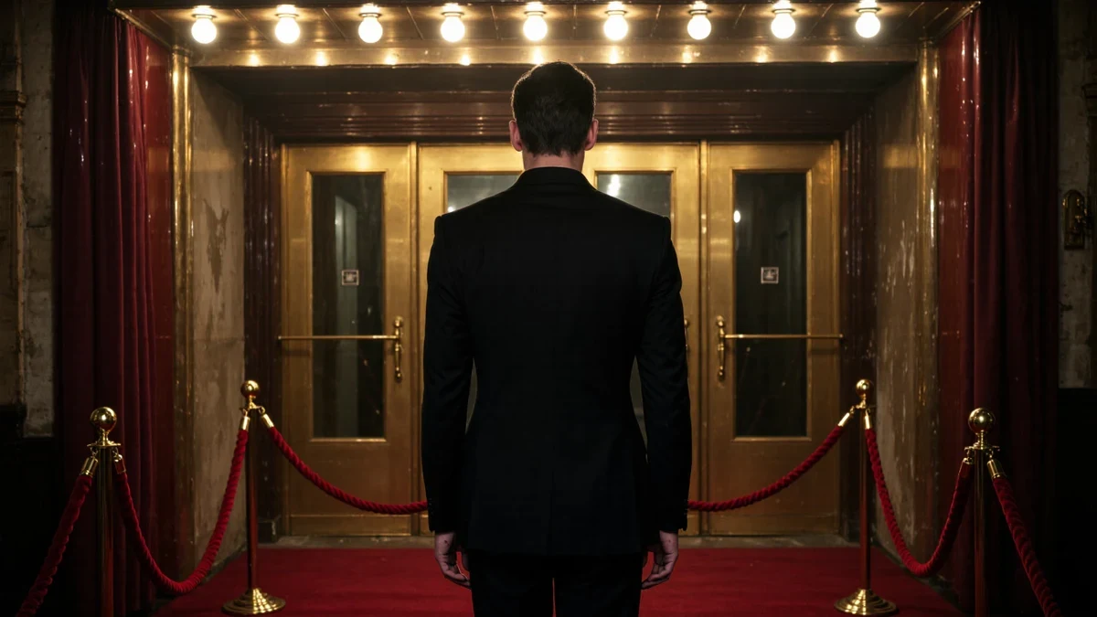 Marquee bulbs and a velvet rope frame a premiere doorway in golden half-light, an elegant figure in tailored black seen from behind.