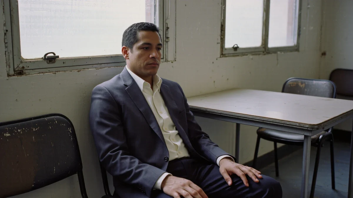 In a slate-gray federal office, a reviewer in shirtsleeves studies a printed case file beneath directional daylight while a small American flag stands on the desk beside him.