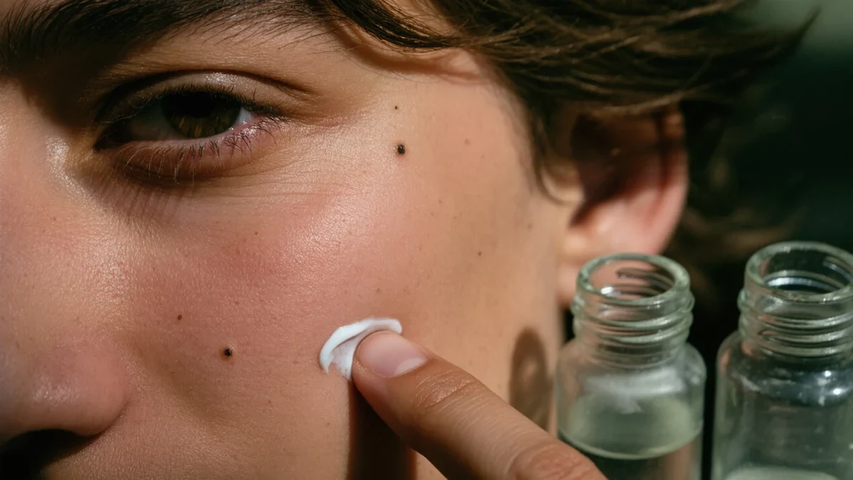 A woman in her forties applies eye cream with one fingertip at a bright bathroom mirror, real skin texture and fine lines softly lit.