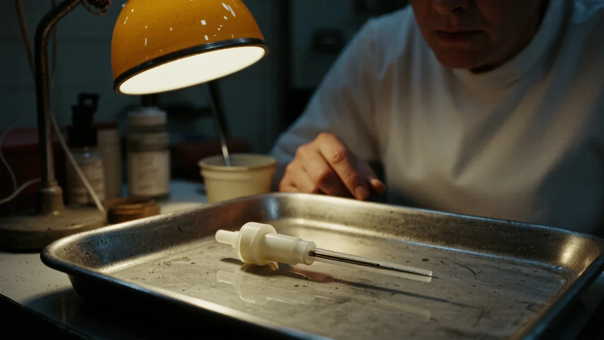 A gloved researcher calibrating a small wearable biosensor against a brushed-steel instrument under cool teal lab lighting.