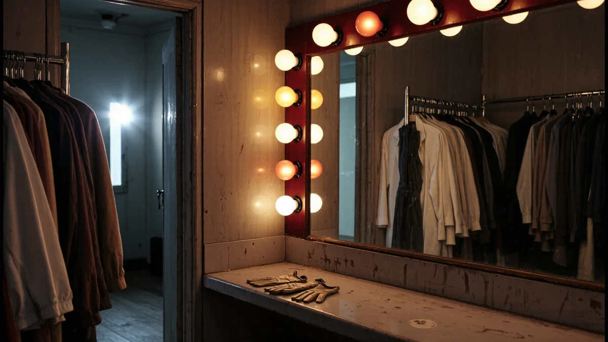 A golden-lit dressing room mirror reflects gowns and garment racks as flash bulbs glow through the doorway beyond.