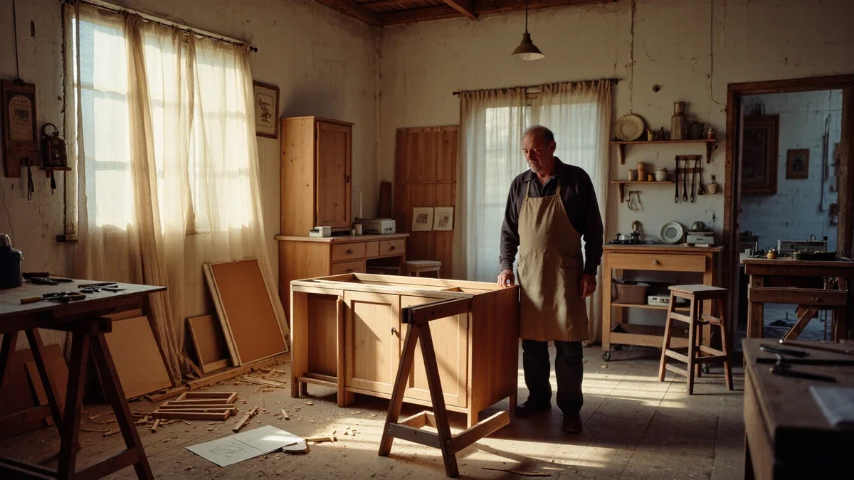 A sunlit workshop corner where a maker clamps a walnut tabletop, curls of shavings on the bench beside a kettle of tea.