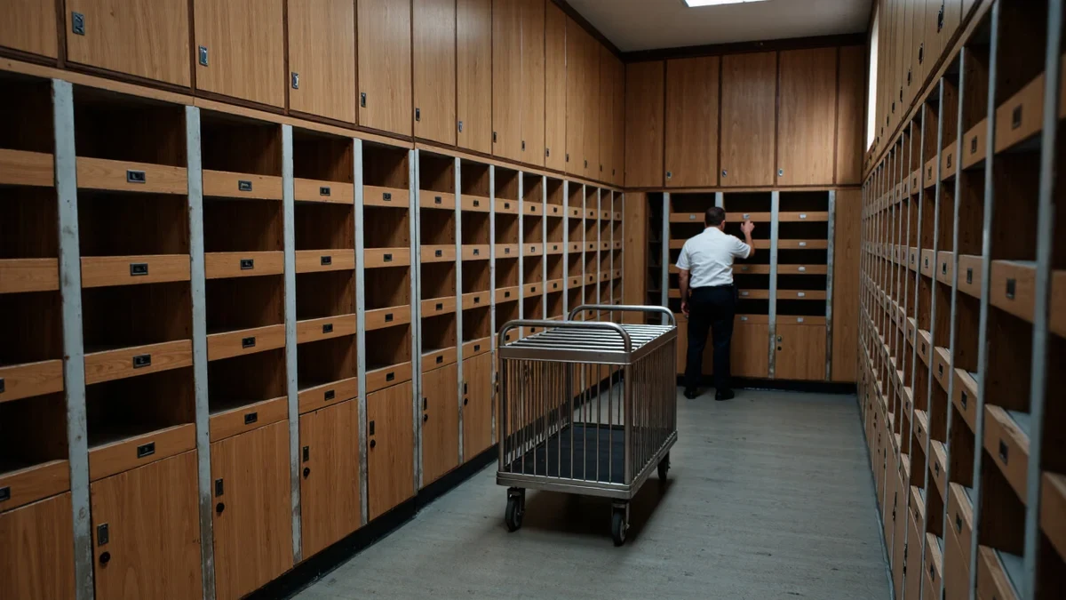 A federal records office corridor in slate gray, bound registers stacked beneath directional window light and a quiet flag.