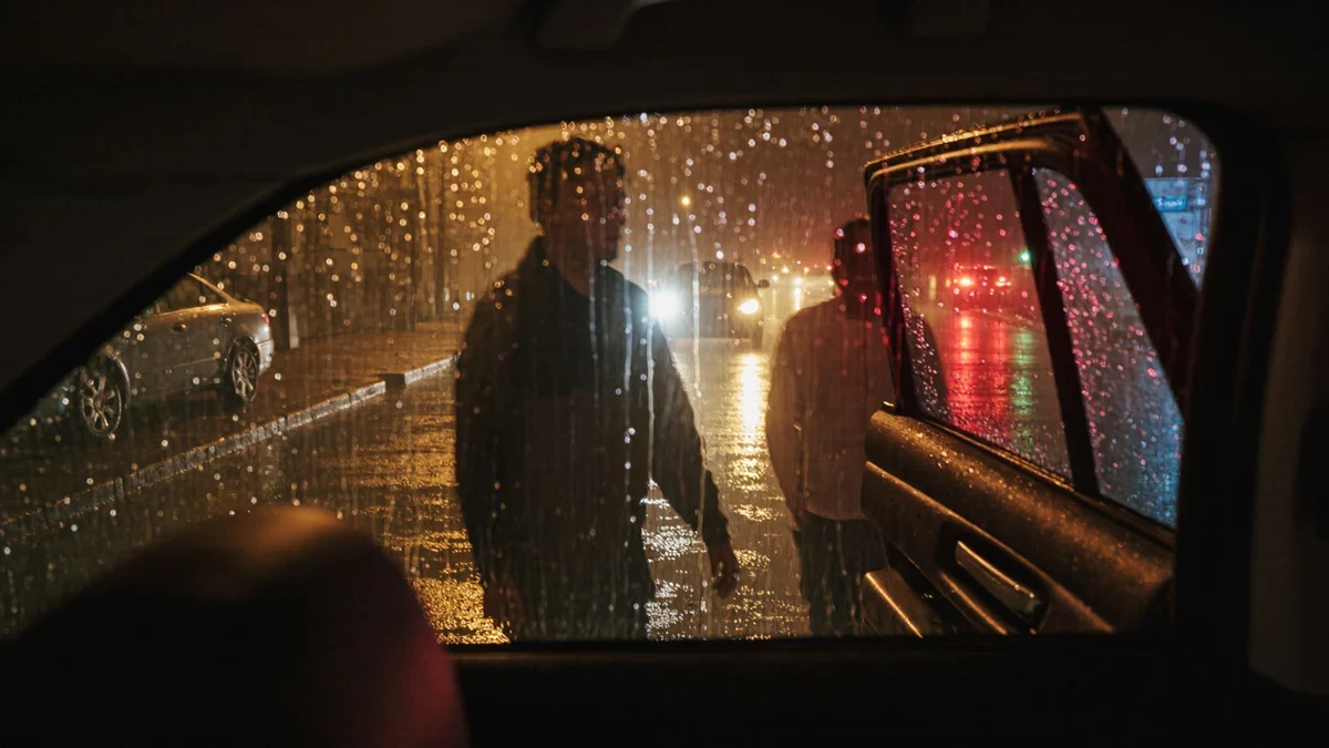 Two silhouetted figures step from a marquee's glow into a waiting car, flash bulbs blooming against the night as the door closes.