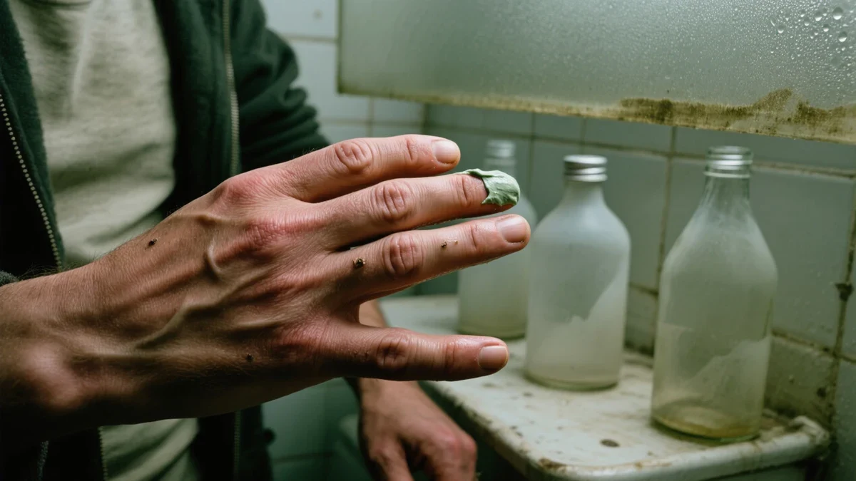 A woman pats moisturizer onto damp cheeks beside a steam-warm bathroom window, real skin texture and soft cream light.