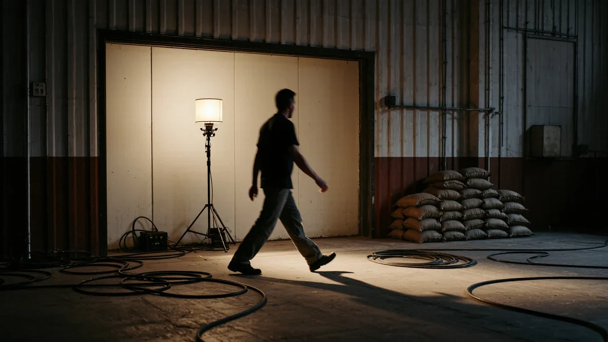 A boom light flickers to life over a soundstage doorway as the next episode loads in.