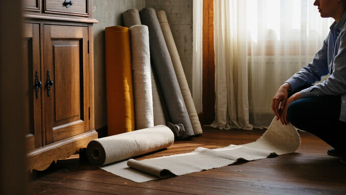 Low evening light crosses a bouclé sofa as someone blotting a spill leans over the armrest, cloth in hand.