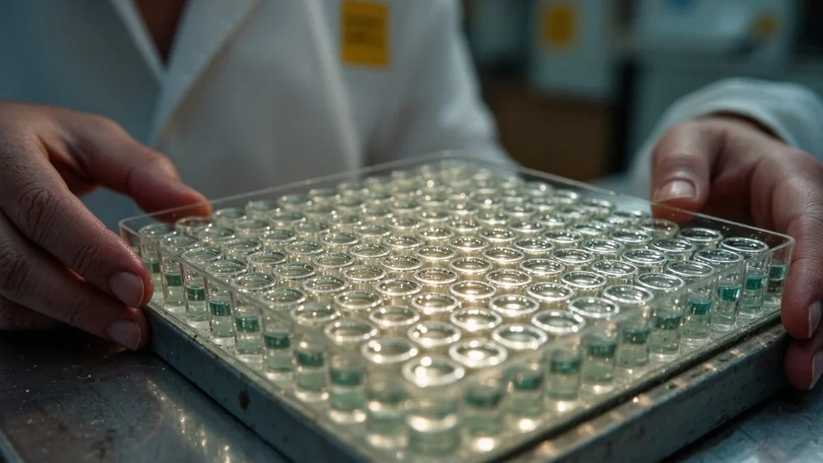 A gloved scientist loading assay plates under cool laboratory lighting, glass and steel surfaces reflecting teal.