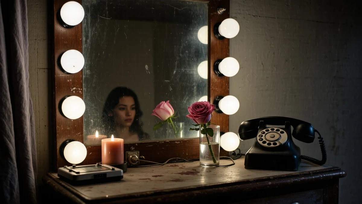 A dressing-room mirror glows with bulb lights beside a telephone and a single stem rose, waiting out the distance in golden quiet.