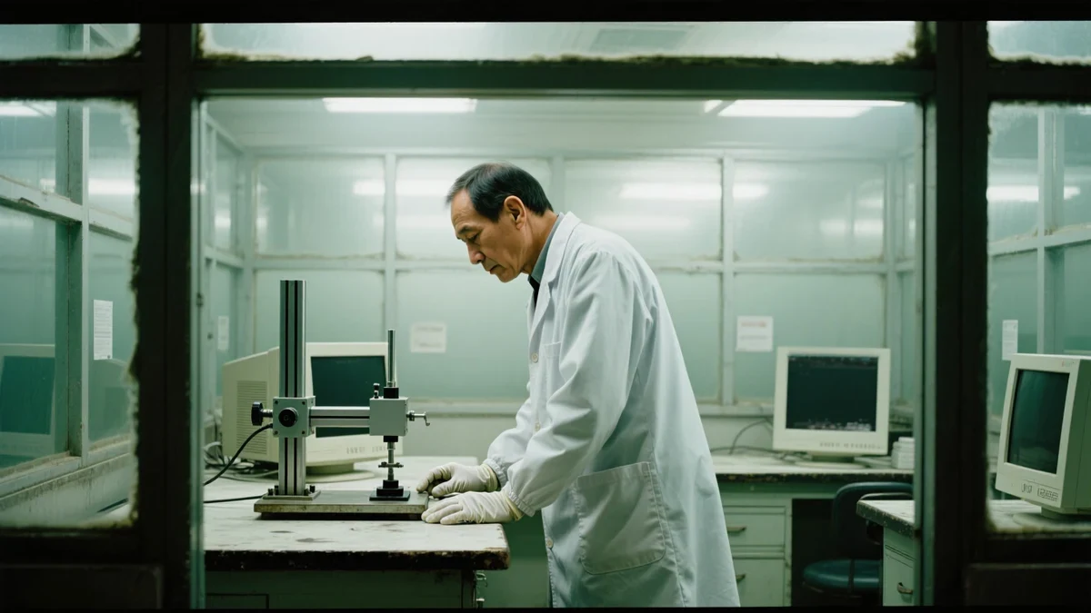 An engineer in gloves examining a precision medical device assembly under cool white laboratory light.