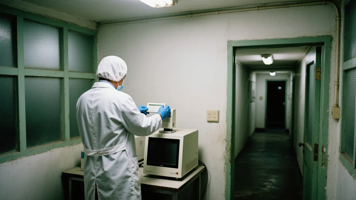 A scientist in safety glasses loading a cartridge into a compact molecular diagnostics instrument, teal-labeled racks of samples beside gloved hands.