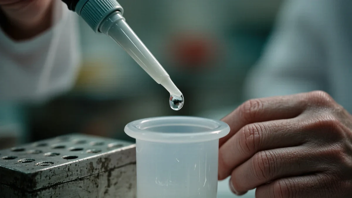 A gloved researcher pipettes clear reagent into a racked plate of samples under cool teal lab lighting, steel and glass benches, no logos.