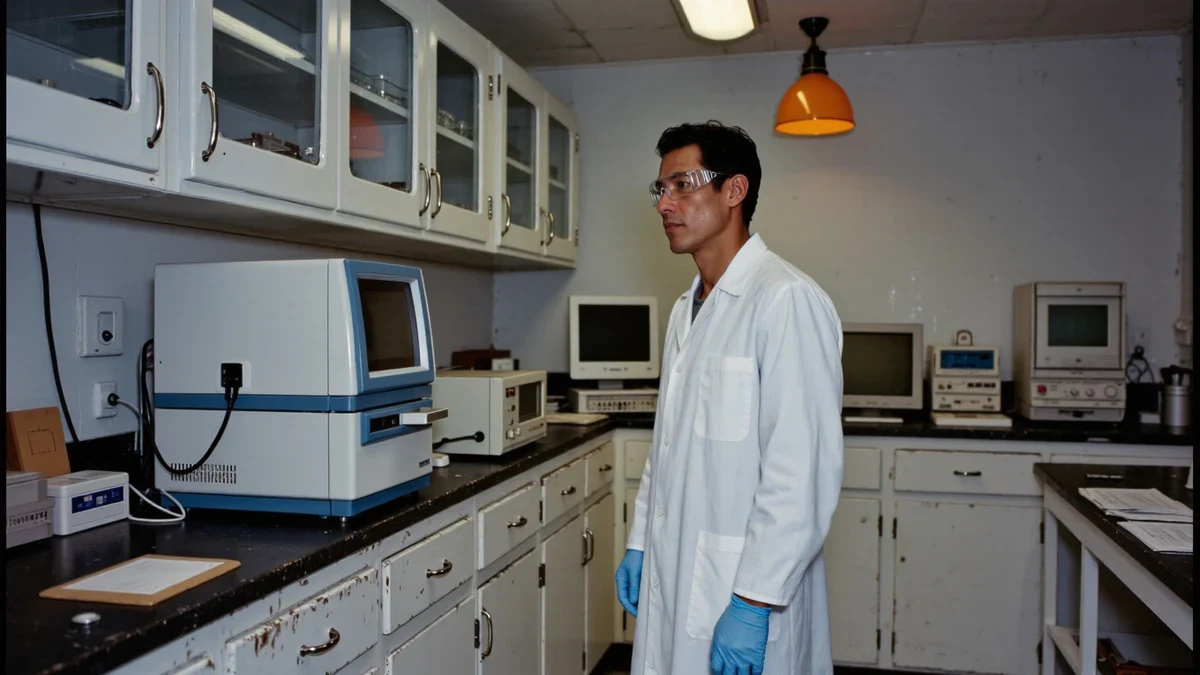 A nurse's gloved hands inserting a test cartridge into a compact analyzer on a stainless steel countertop, teal screen glow, no readable labels.