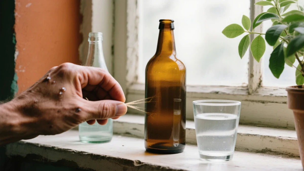 A woman setting down a small unbranded amber bottle on a bright windowsill beside a glass of water, morning light warming her hand and natural skin texture in cream and terracotta tones.