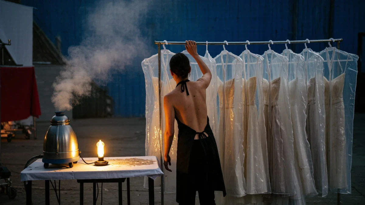 Rails of gowns wait on a backstage bar while a steamer breathes under low tungsten light.