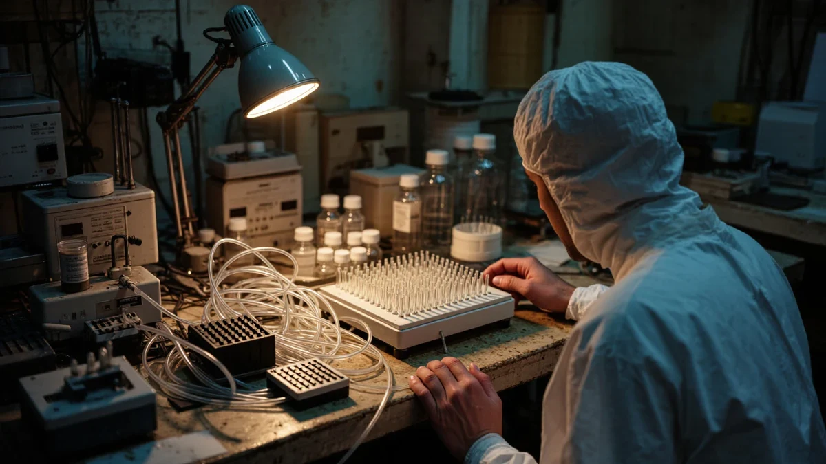 A researcher scans a tray of single-cell culture plates under a lit magnifier, cool teal-white laboratory palette, glass and steel, no logos.