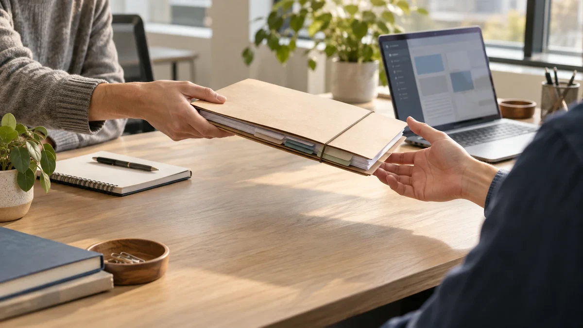 AI-generated illustration of two colleagues passing an organized project folder across an office desk.