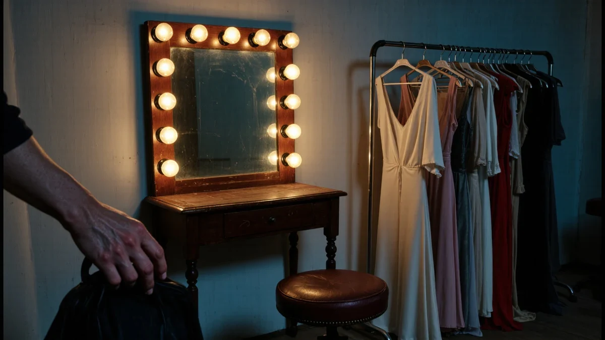 A dressing-room vanity glows gold under bulb lights as gowns wait on rails for the flash-bulb storm outside.