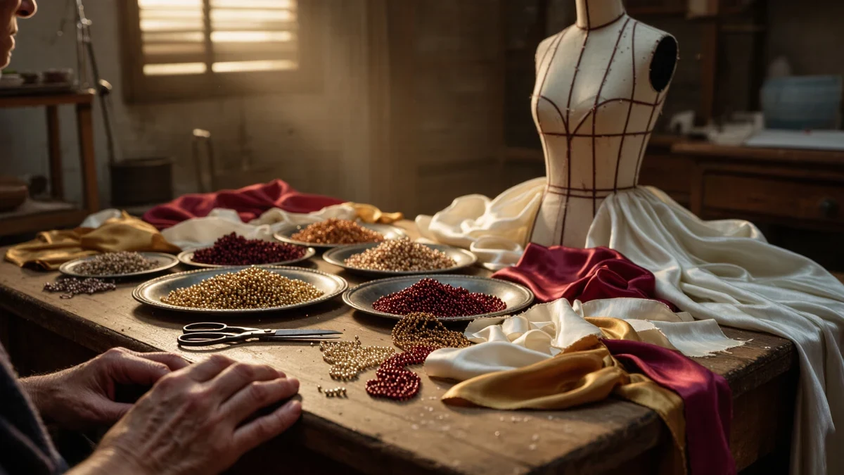 Golden light falls across an atelier worktable where beads, silk and scissors wait beside a half-pinned gown form.