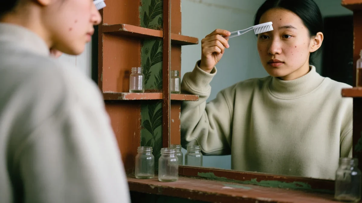 A young woman brushes clear gel through her brows at a morning vanity, soft window daylight on unfiltered skin with visible freckles.