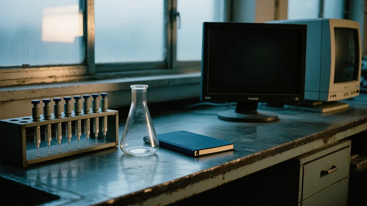 A gloved researcher pipetting samples at a stainless-steel lab bench under cool white light, safety glasses pushed up, no visible labels or logos.