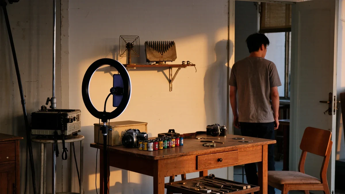 A creator's studio at golden hour, ring light and camera pointed at an editing desk with film canisters and a network antenna on the shelf, one chair turned from the setup toward a distant studio water tower.