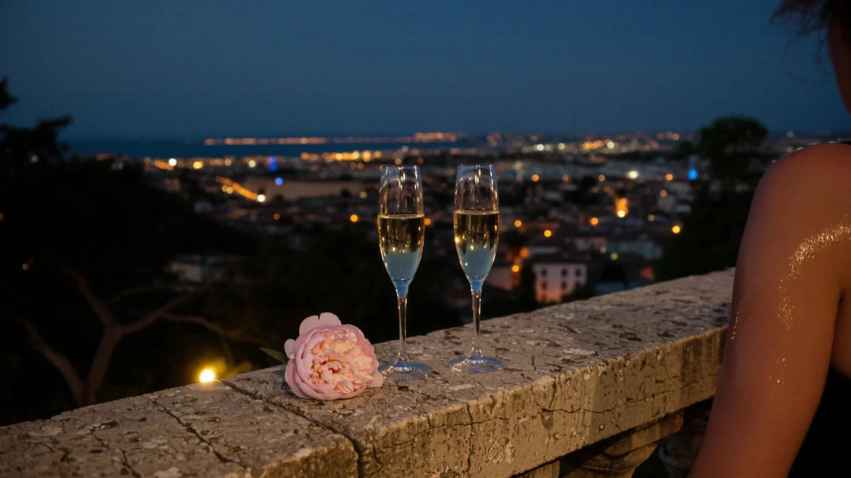 Two champagne flutes and a single peony on a balcony railing above a city's evening lights.