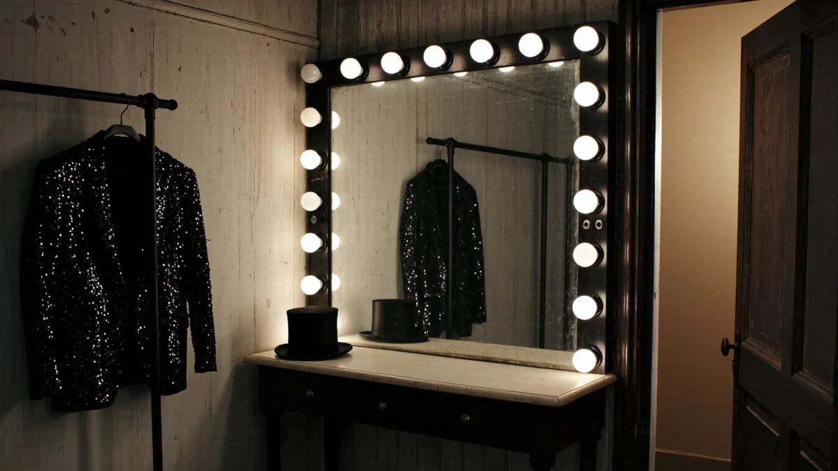 A dressing-room mirror framed in bulbs reflects a sequined jacket on a stand, a top hat and a marquee glow through the doorway.